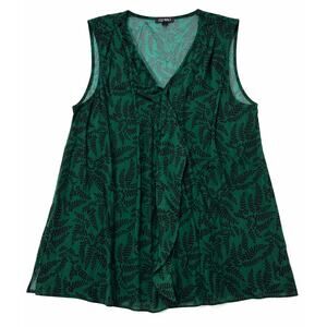Roz & Ali 2X Plus Green Fern Print Sleeveless Ruffle Chiffon Blouse Tank